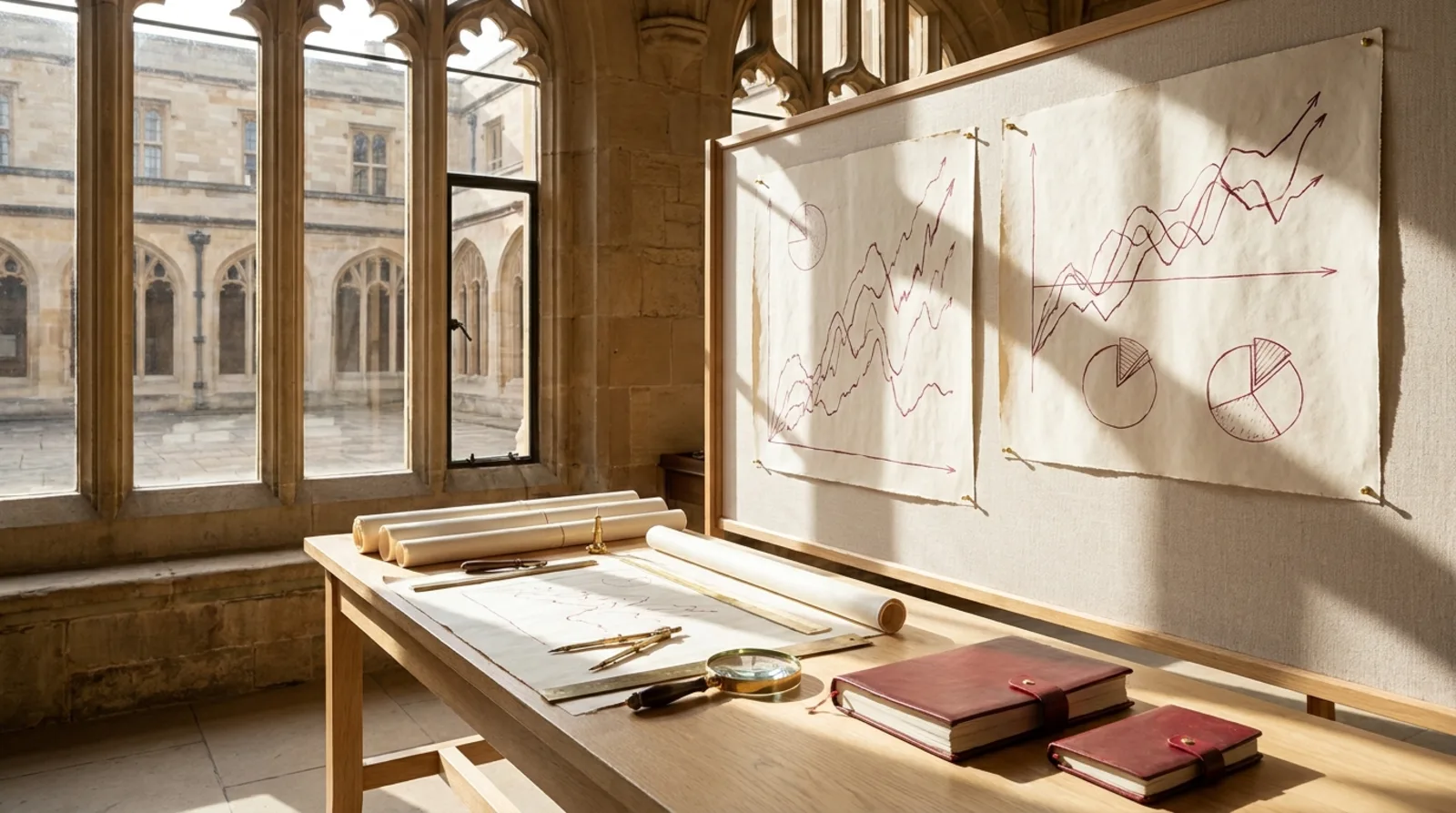 Analysis Desk | AHEG Media A wooden desk displays charts and graphs, illustrating sector analysis for higher education.