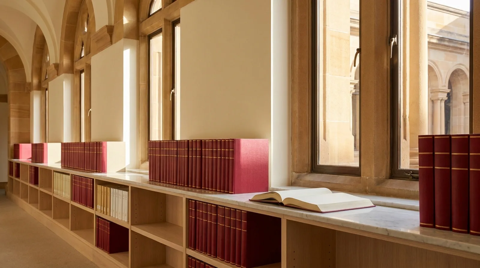 Library Reports | AHEG Media A long library shelf displays rows of red and white books, illustrating higher education research reports.