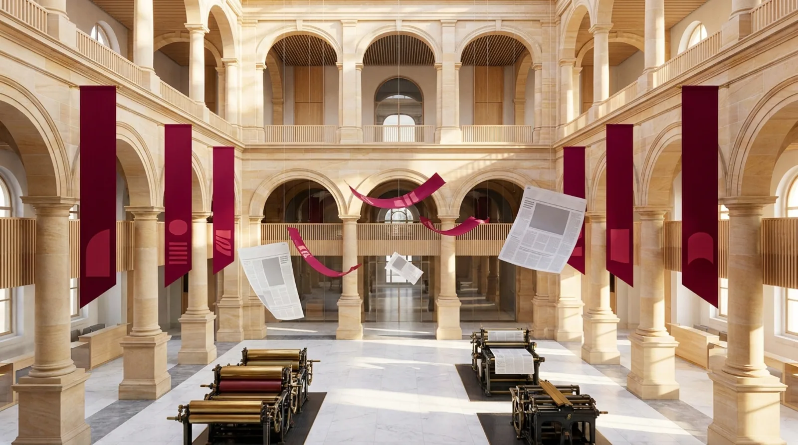 Newsroom Atrium | AHEG Media A grand courtyard with marble columns and vintage printing presses showcases higher education reporting at AHEG Media.