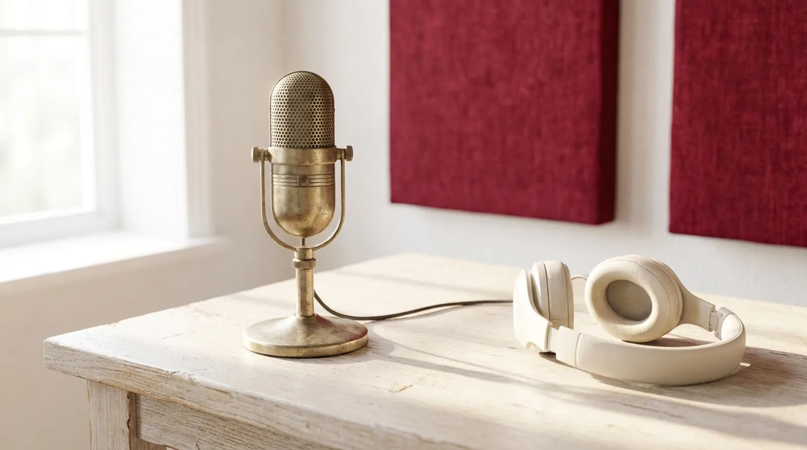 A brass broadcast microphone on a light timber desk with soft crimson acoustic panels behind