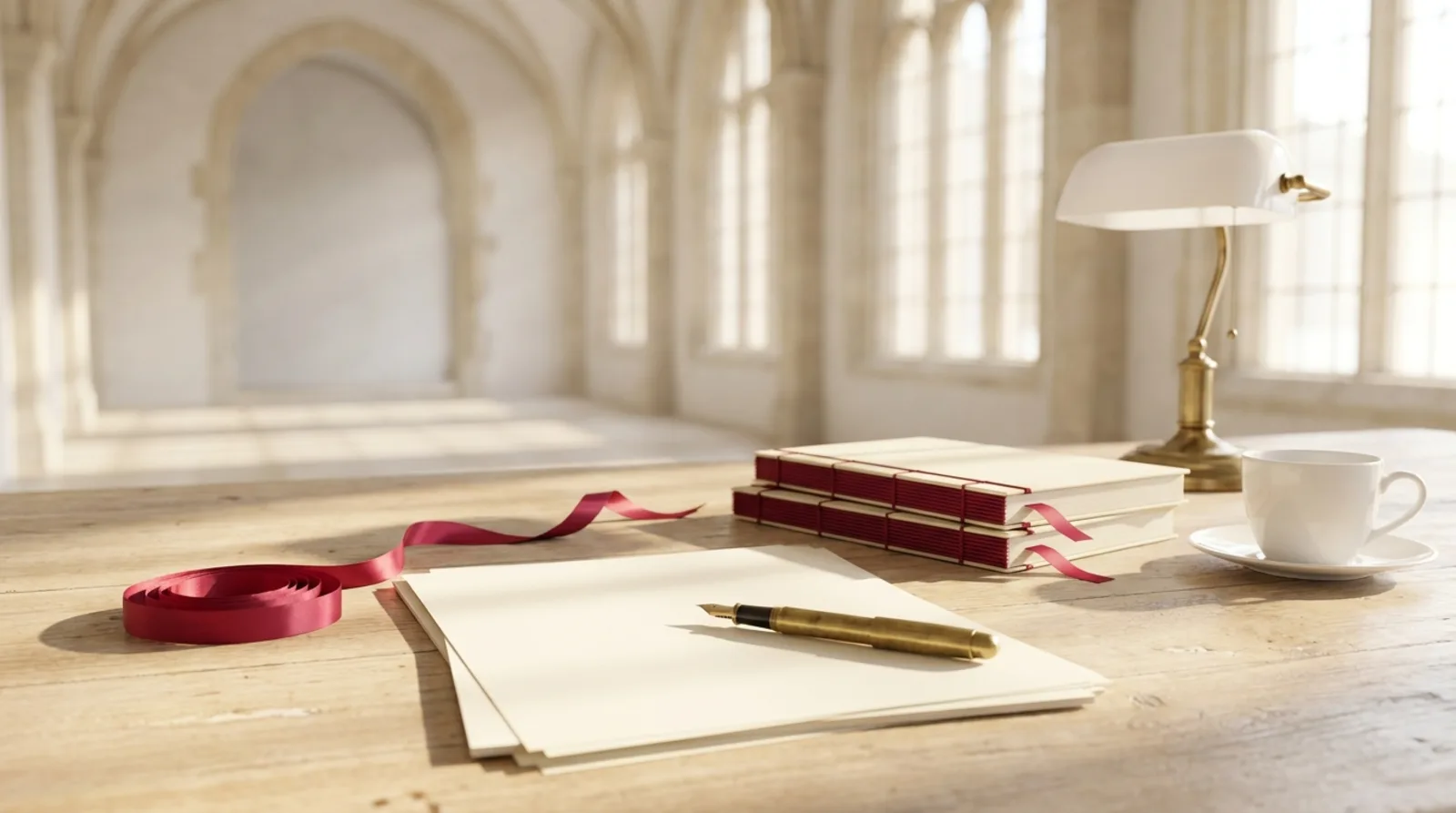 A writing desk with stationery and a cup sits before arched windows, representing thought leadership.
